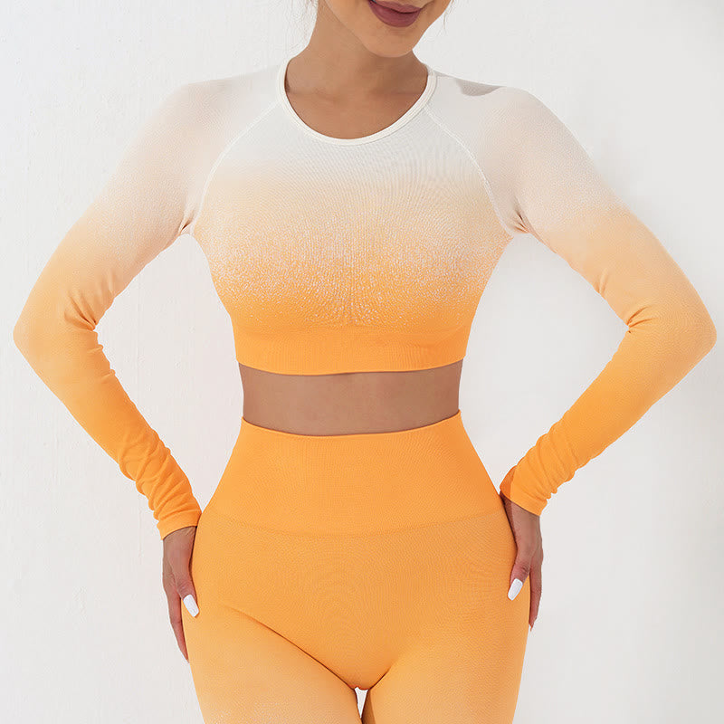 Buddha Stones Gradient Long Sleeve Crop Top Tee Bra Leggings Pants Fitness Yoga Outfit - Top - Orange White - US4,UK/AU8,EU36 (L) - image 4
