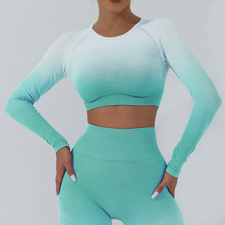 Buddha Stones Gradient Long Sleeve Crop Top Tee Bra Leggings Pants Fitness Yoga Outfit - Top - Cyan White - US4,UK/AU8,EU36 (L) - image 1