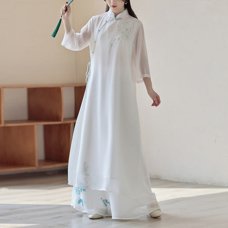 Buddha Stones Bamboo Cheongsam Dress Midi Dress Wide Leg Pants Meditation Spiritual Zen Practice Clothing - image 1