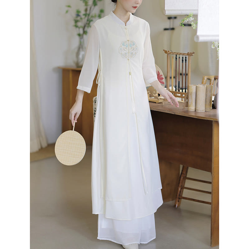 Buddha Stones Embroidery Chiffon Cheongsam Midi Dress Wide Leg Pants Meditation Zen Practice Clothing - image 10