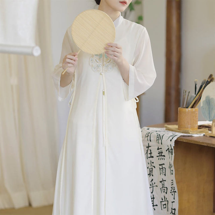 Buddha Stones Embroidery Chiffon Cheongsam Midi Dress Wide Leg Pants Meditation Zen Practice Clothing - image 2