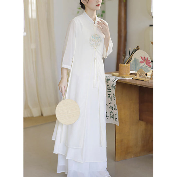 Buddha Stones Embroidery Chiffon Cheongsam Midi Dress Wide Leg Pants Meditation Zen Practice Clothing - image 12