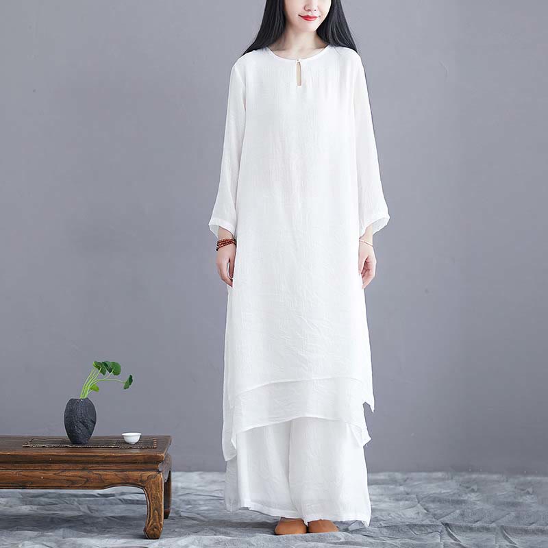 Buddha Stones 2Pcs Solid Color Midi Dress Wide Leg Pants Meditation Spiritual Zen Practice Yoga Dance Clothing - 2Pcs White(Dress&Pants) - US12,UK/AU16,EU44 (2XL)  - image 0