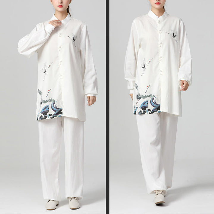 Buddha Stones White Crane Sea Cotton Linen Meditation Prayer Spiritual Zen Tai Chi Qigong Practice Clothing Set
