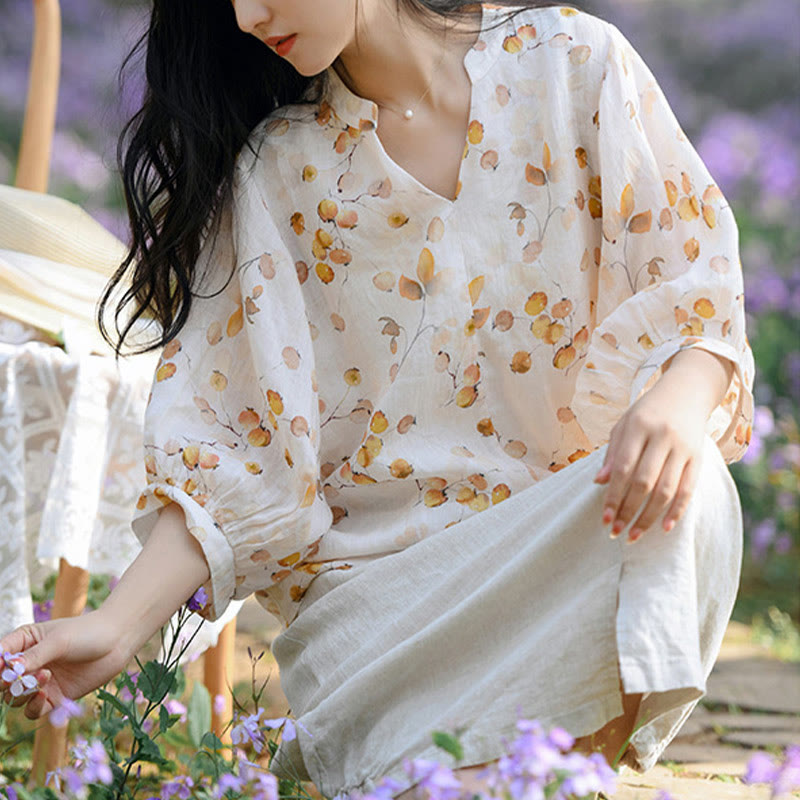 Buddha Stones Fruits Leaves Pattern Lantern Sleeve Top Loose Tee T-shirt - image 11