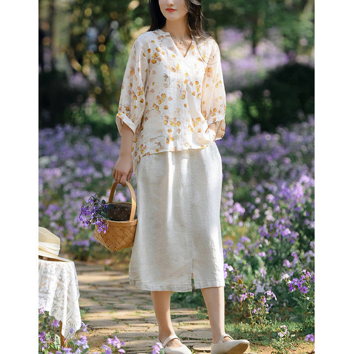 Buddha Stones Fruits Leaves Pattern Lantern Sleeve Top Loose Tee T-shirt - image 13