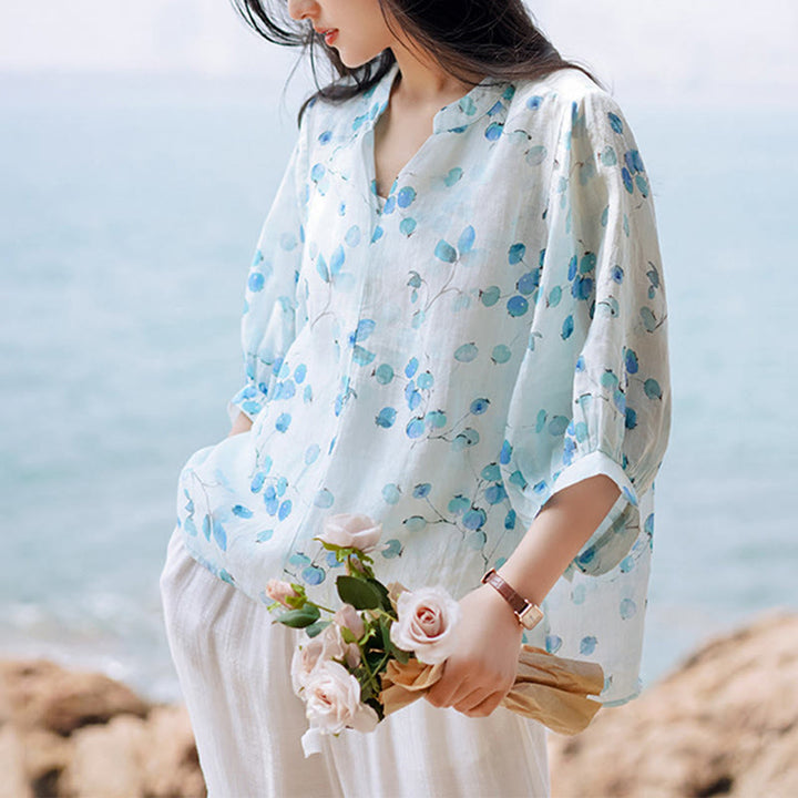 Buddha Stones Fruits Leaves Pattern Lantern Sleeve Top Loose Tee T-shirt - Blue(Bust 130cm/Shoulder 37cm/Length 58-66cm)(Top Only) - image 0
