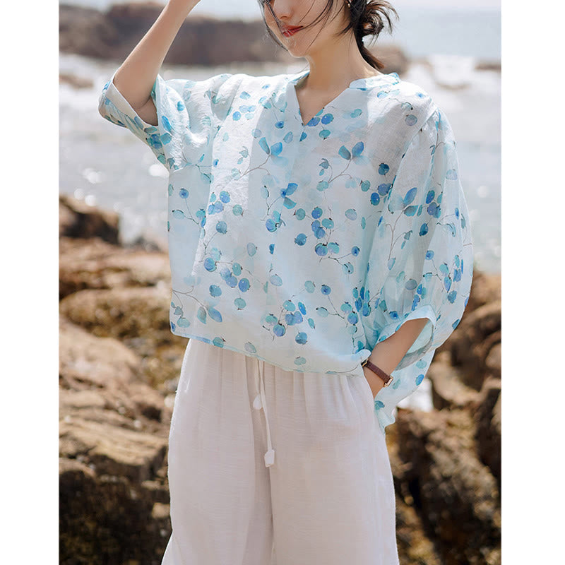 Buddha Stones Fruits Leaves Pattern Lantern Sleeve Top Loose Tee T-shirt - image 5