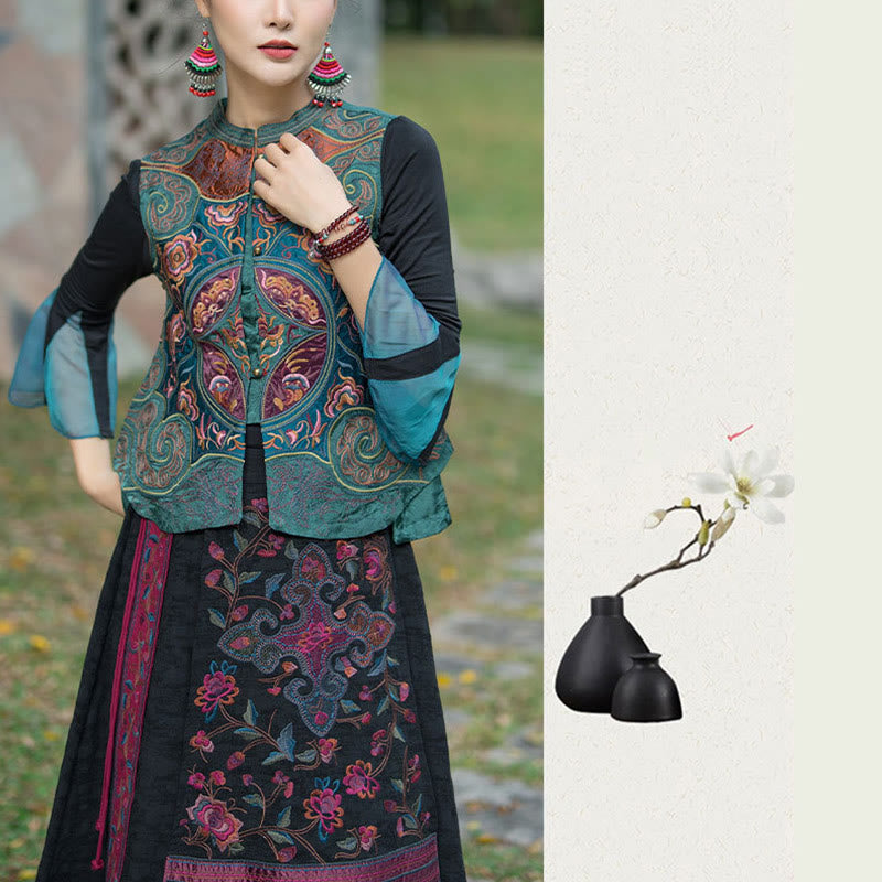 Buddha Stones Vintage Style Embroidery Flower Tang Suit Design Sleeveless Vest - image 7