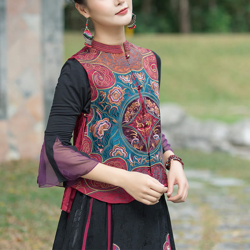 Buddha Stones Vintage Style Embroidery Flower Tang Suit Design Sleeveless Vest - image 18