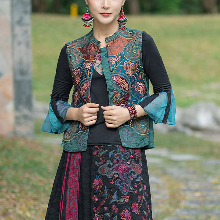 Buddha Stones Vintage Style Embroidery Flower Tang Suit Design Sleeveless Vest - Green(Vest Only) - 2XL(Bust 100cm/Shoulder 40cm/Length 59cm) - image 0