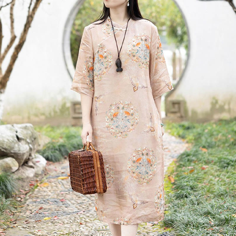 Buddha Stones Orange Flower Bird Print Cheongsam Midi Dress Cotton Linen Half Sleeve Dress With Pockets - 2XL(Bust 112cm/Shoulder 42cm/Length 114cm) - image 0