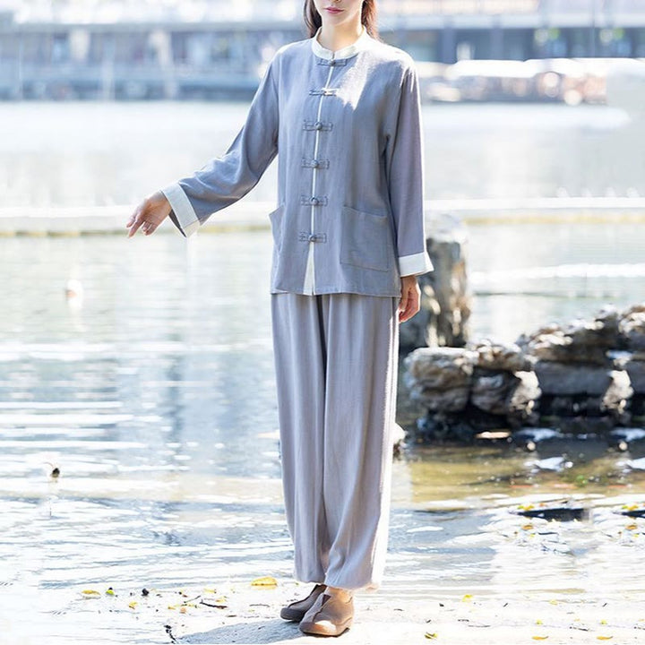Buddha Stones 2Pcs Frog-Button Long Sleeve Shirt Top Pants Meditation Zen Tai Chi Cotton Linen Clothing Women's Set - Gray(Top&Pants) - US8-10,UK/AU12-14,EU40-42 (2XL) - image 5