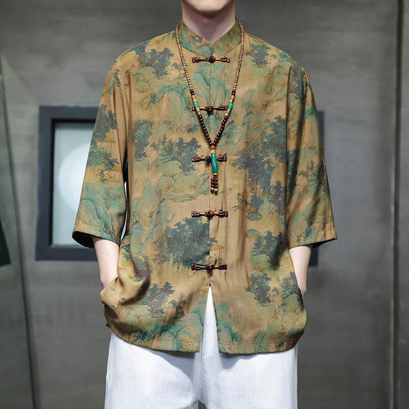 Buddha Stones Landscape Chinese Dragon Pattern Chinese Three Quarter Sleeve Shirt Men T-shirt - Landscape(Top Only) - US/UK/AU46,EU56 (5XL)  - image 0