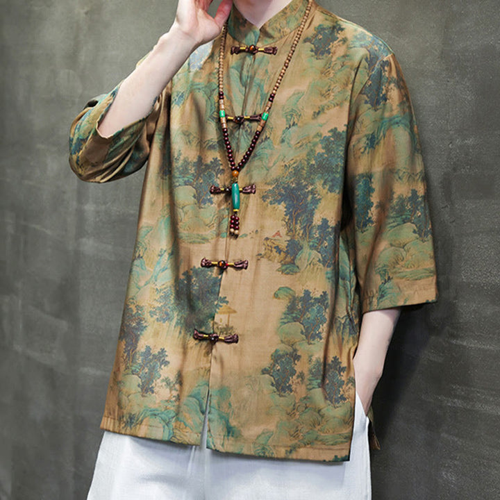 Buddha Stones Landscape Chinese Dragon Pattern Chinese Three Quarter Sleeve Shirt Men T-shirt - image 1