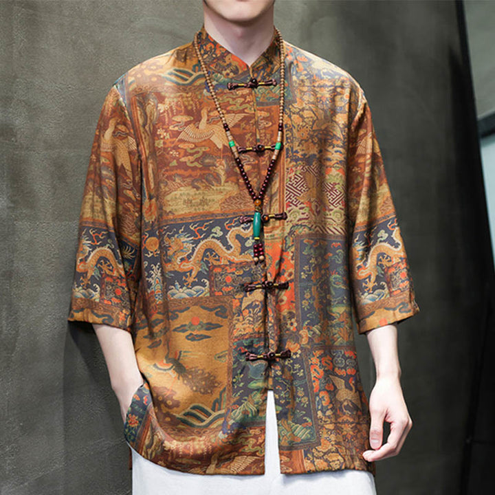 Buddha Stones Landscape Chinese Dragon Pattern Chinese Three Quarter Sleeve Shirt Men T-shirt - image 14