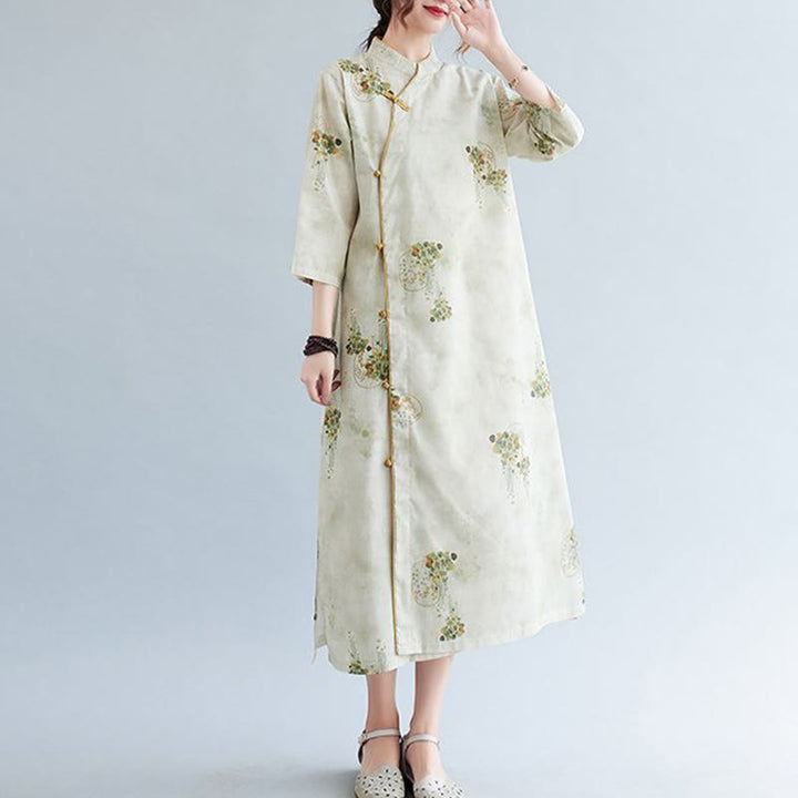 Buddha Stones Flowers Green Yellow Leaves Print Cheongsam Midi Dress Three Quarter Sleeve Dress With Pockets - image 1