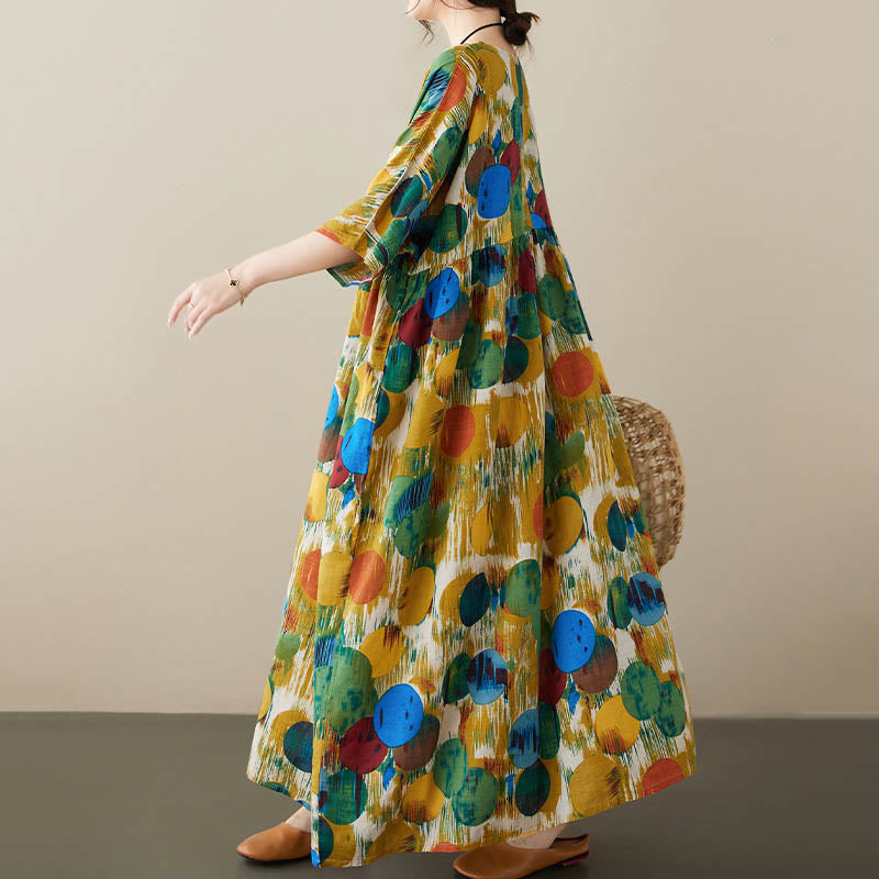 Buddha Stones Orange Green Colorful Polka Dots Midi Dress Cotton Half Sleeve Tunic Dress With Pockets - image 12