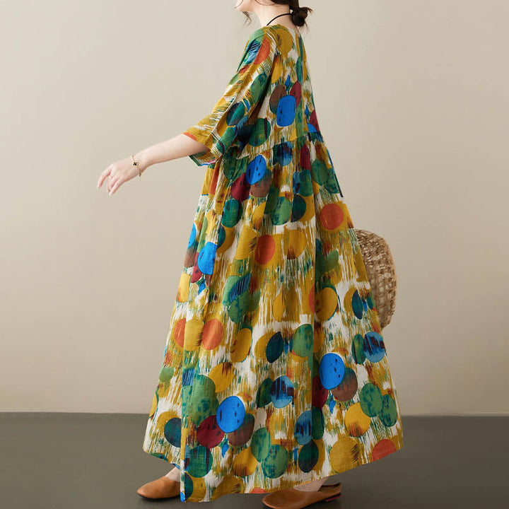 Buddha Stones Orange Green Colorful Polka Dots Midi Dress Cotton Half Sleeve Tunic Dress With Pockets - image 12