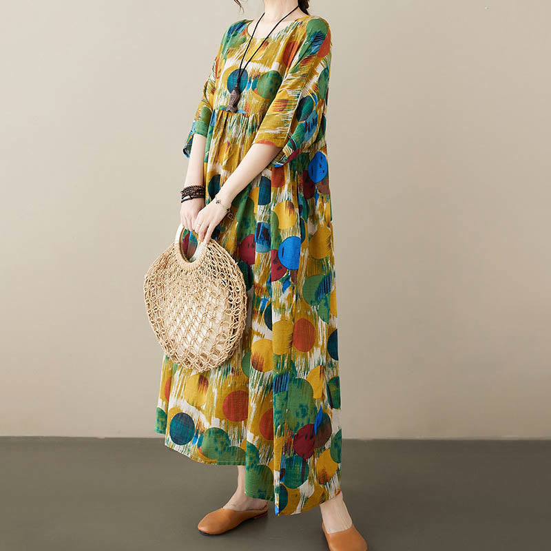 Buddha Stones Orange Green Colorful Polka Dots Midi Dress Cotton Half Sleeve Tunic Dress With Pockets - Green(Dress Only) - F(Bust 142cm/Hem 130cm/Length 120cm) - image 11