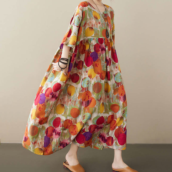 Buddha Stones Orange Green Colorful Polka Dots Midi Dress Cotton Half Sleeve Tunic Dress With Pockets - image 4