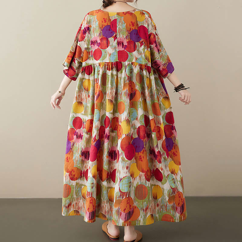 Buddha Stones Orange Green Colorful Polka Dots Midi Dress Cotton Half Sleeve Tunic Dress With Pockets - image 7