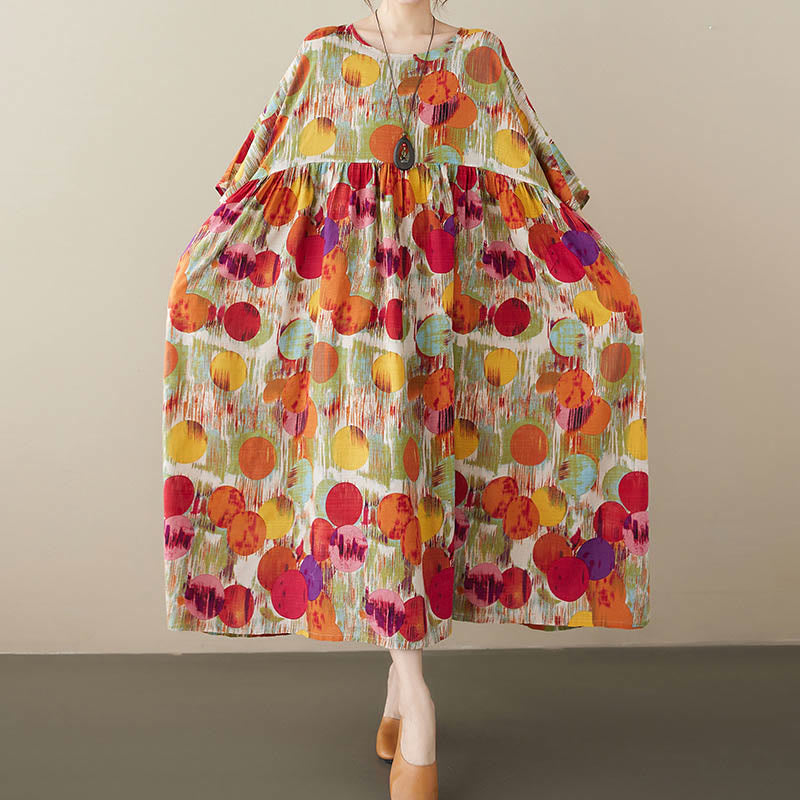 Buddha Stones Orange Green Colorful Polka Dots Midi Dress Cotton Half Sleeve Tunic Dress With Pockets - image 5