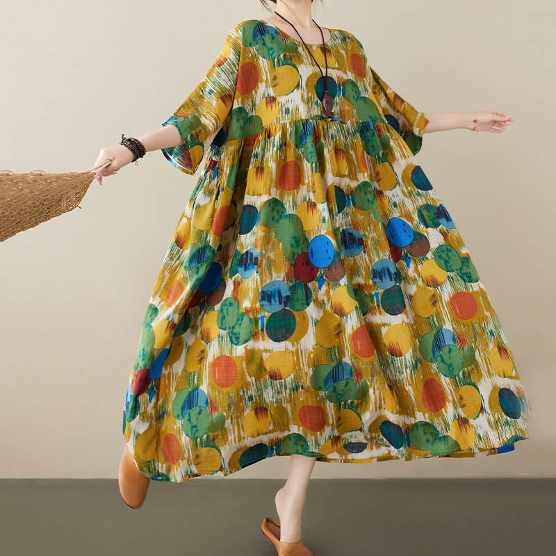 Buddha Stones Orange Green Colorful Polka Dots Midi Dress Cotton Half Sleeve Tunic Dress With Pockets - image 14