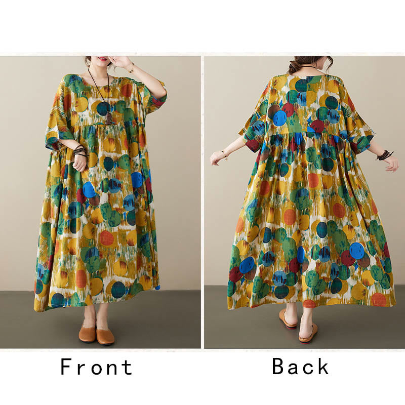 Buddha Stones Orange Green Colorful Polka Dots Midi Dress Cotton Half Sleeve Tunic Dress With Pockets - image 15