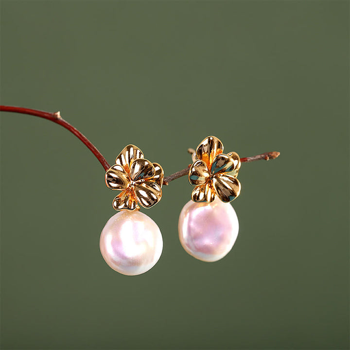Buddha Stones 925 Sterling Silver Natural Baroque Pearl Flower Healing Drop Earrings - image 4