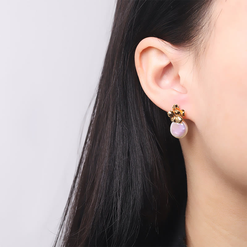 Buddha Stones 925 Sterling Silver Natural Baroque Pearl Flower Healing Drop Earrings - image 7