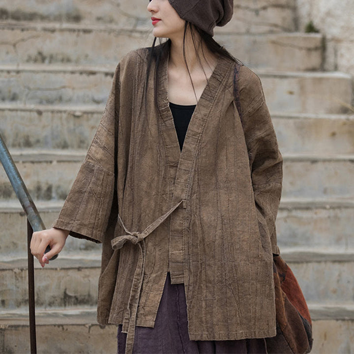 Buddha Stones Tie Dye Lace-up Design Coat Zen Meditation Open Front Top Jacket - Brown-US4-14,UK/AU8-18,EU36-46 (F)-(Top Only) - image 0