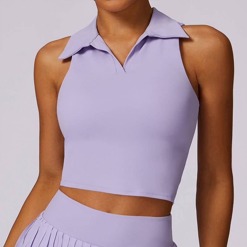 Buddha Stones Polo Collar Crop Tank Top Tennis Skirts Pleated Shorts With Pocket Sports Yoga Outfits - Purple - Top - US8-10,UK/AU12-14,EU40-42 (XL) - image 0