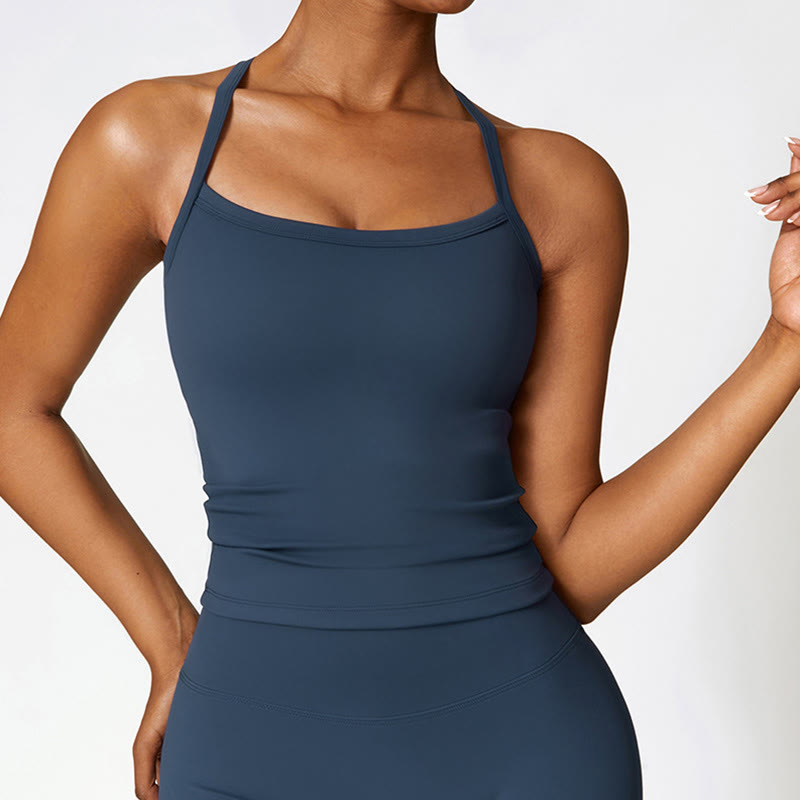 Buddha Stones Solid Color Crop Tank Top High Waist Shorts Sports Fitness Gym Yoga Outfits - Dark Blue - Top - US8-10,UK/AU12-14,EU40-42 (XL) - image 0