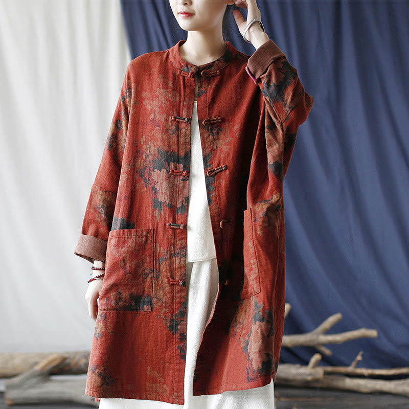 Buddha Stones Orange Peony Flower Cotton Linen Frog-Button Open Front Jacket With Pockets - image 5