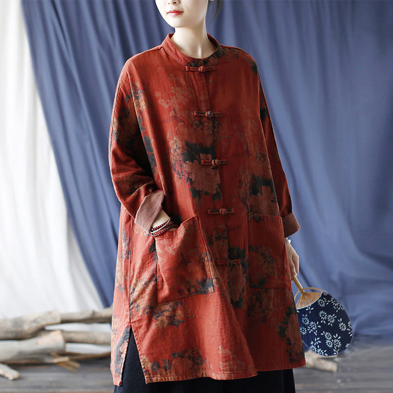 Buddha Stones Orange Peony Flower Cotton Linen Frog-Button Open Front Jacket With Pockets - image 18