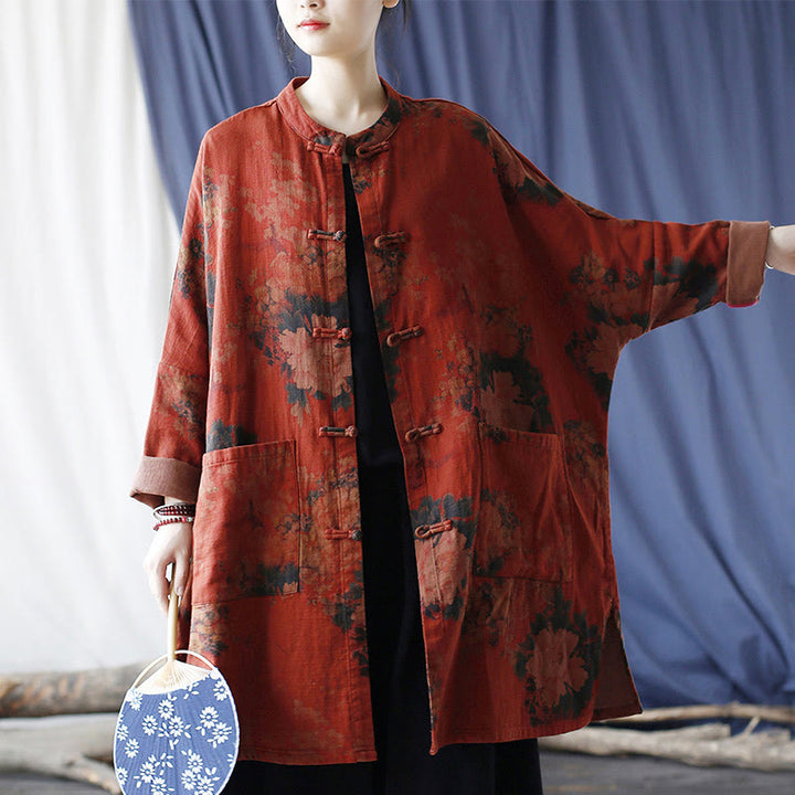 Buddha Stones Orange Peony Flower Cotton Linen Frog-Button Open Front Jacket With Pockets - image 21