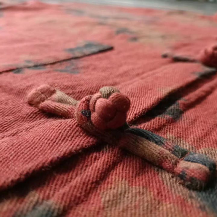 Buddha Stones Orange Peony Flower Cotton Linen Frog-Button Open Front Jacket With Pockets - image 9