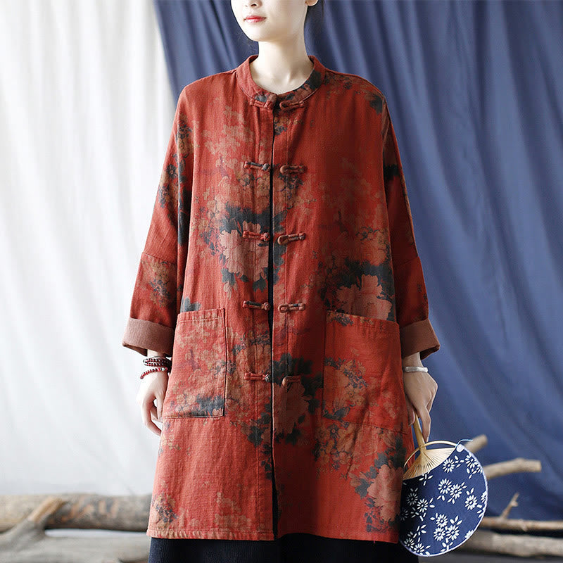 Buddha Stones Orange Peony Flower Cotton Linen Frog-Button Open Front Jacket With Pockets - image 25