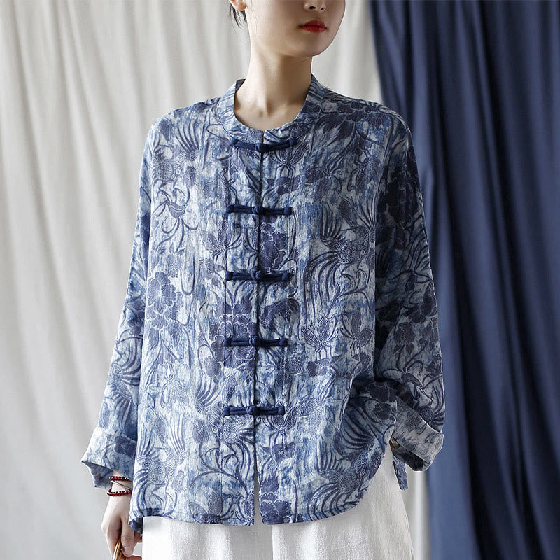 Buddha Stones Retro Blue White Flowers Frog-Button Design Long Sleeve Ramie Linen Jacket Shirt - US4-16,UK/AU8-20,EU36-48 (F)(Jacket Only) - image 0