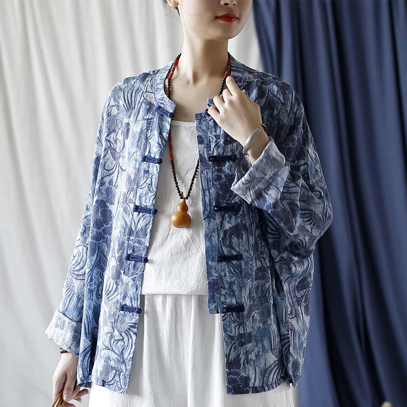 Buddha Stones Retro Blue White Flowers Frog-Button Design Long Sleeve Ramie Linen Jacket Shirt - image 18