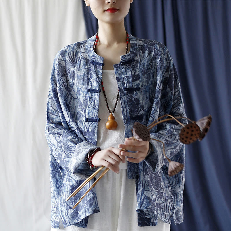 Buddha Stones Retro Blue White Flowers Frog-Button Design Long Sleeve Ramie Linen Jacket Shirt - image 19