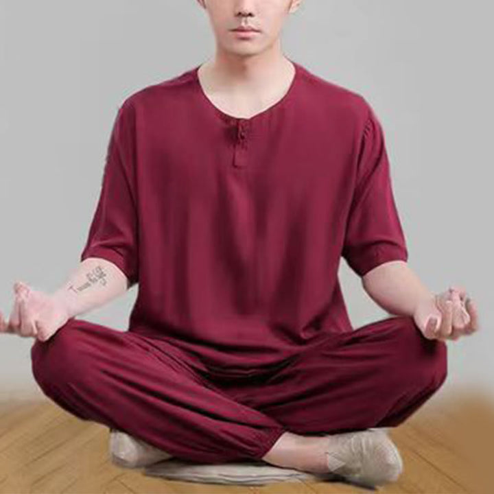 Buddha Stones 2Pcs Half Sleeve T-Shirt Pants Meditation Zen Tai Chi Cotton Linen Clothing Unisex Set
