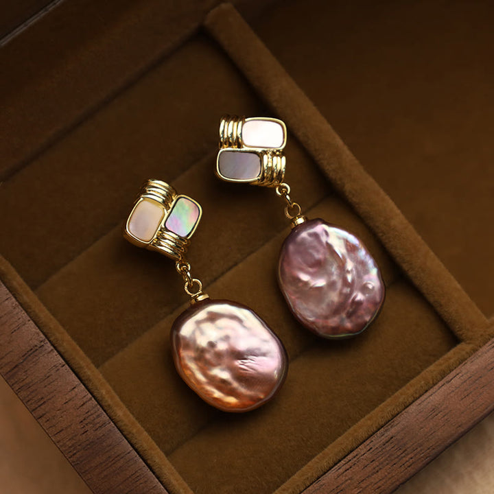 Buddha Stones 925 Sterling Silver Posts Copper Plated Gold Natural Baroque Pearl Healing Drop Earrings - Purple Baroque Pearl (925 Sterling Silver Posts) - image 0