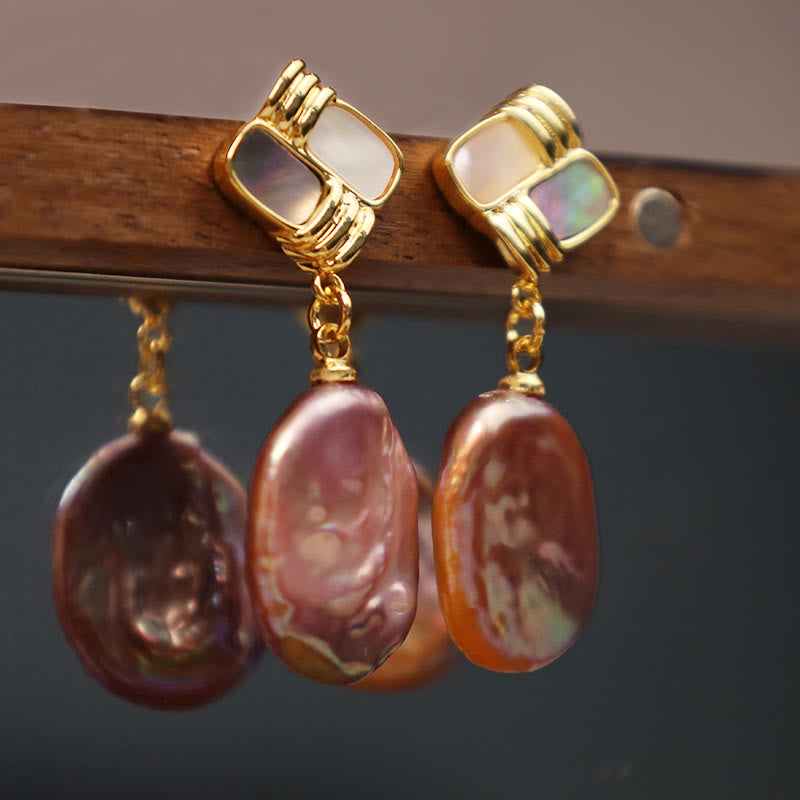 Buddha Stones 925 Sterling Silver Posts Copper Plated Gold Natural Baroque Pearl Healing Drop Earrings - image 2