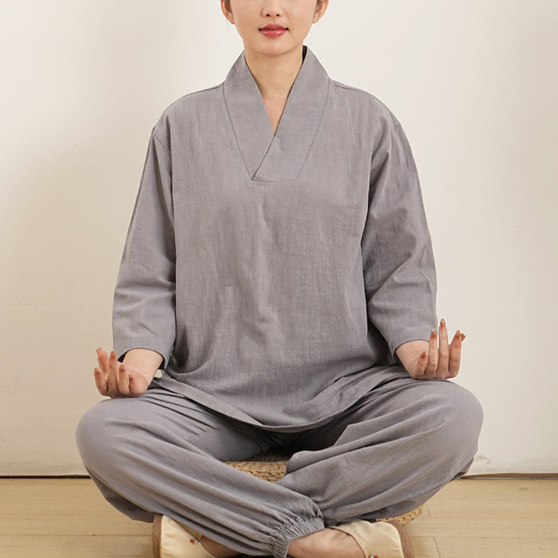 Buddha Stones 2Pcs V-Neck Three Quarter Sleeve Shirt Top Pants Meditation Zen Tai Chi Cotton Linen Clothing Women's Set - Gray(Top&Pants) - US12,UK/AU16,EU44 (XL) - image 0