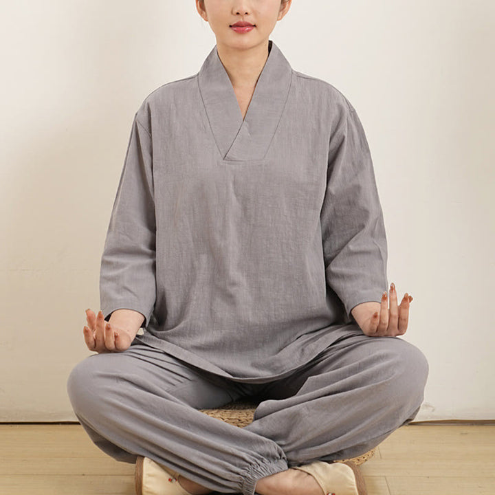 Buddha Stones 2Pcs V-Neck Three Quarter Sleeve Shirt Top Pants Meditation Zen Tai Chi Cotton Linen Clothing Women's Set - Gray(Top&Pants) - US12,UK/AU16,EU44 (XL) - image 0