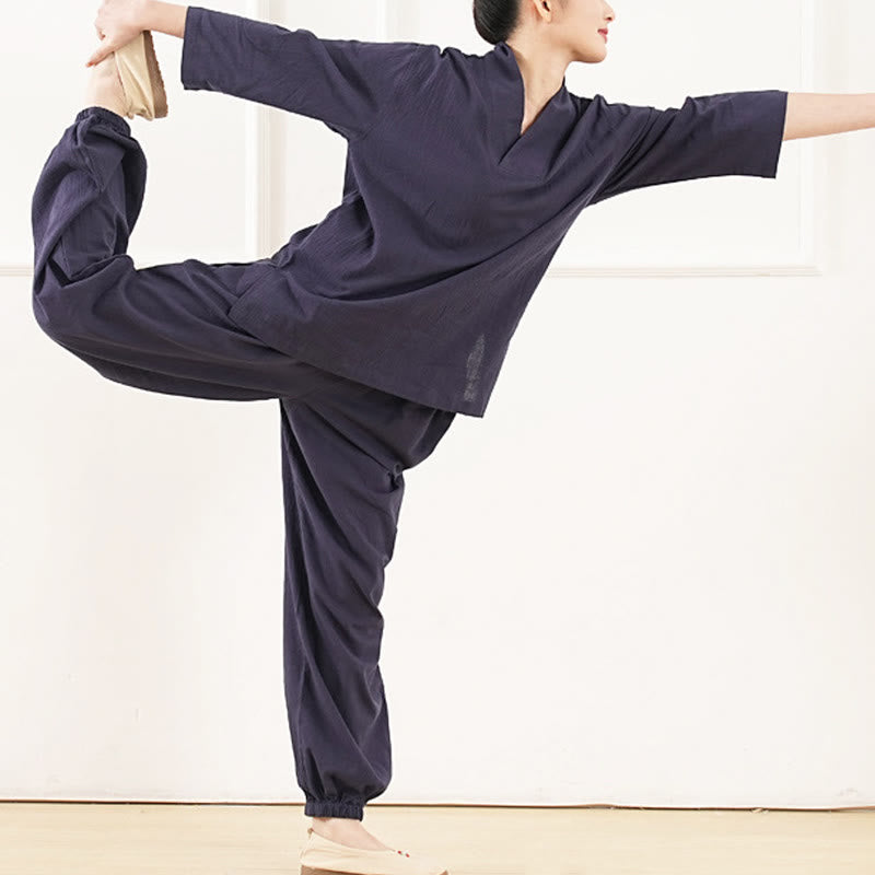 Buddha Stones 2Pcs V-Neck Three Quarter Sleeve Shirt Top Pants Meditation Zen Tai Chi Cotton Linen Clothing Women's Set - image 13