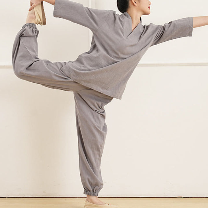 Buddha Stones 2Pcs V-Neck Three Quarter Sleeve Shirt Top Pants Meditation Zen Tai Chi Cotton Linen Clothing Women's Set - image 2