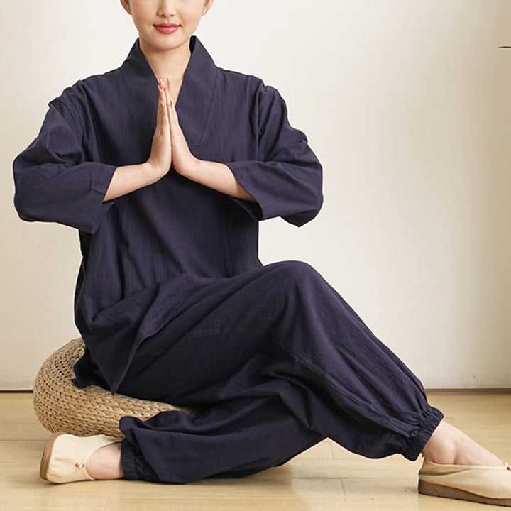 Buddha Stones 2Pcs V-Neck Three Quarter Sleeve Shirt Top Pants Meditation Zen Tai Chi Cotton Linen Clothing Women's Set - image 12